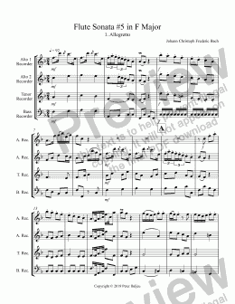 page one of Bach JCF, Flute Sonata No. 5 in F Major for AATB Recorders