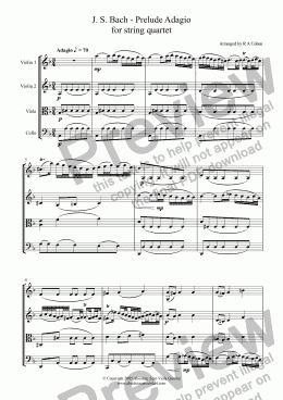 page one of Bach - PRELUDE ADAGIO -  for string quartet