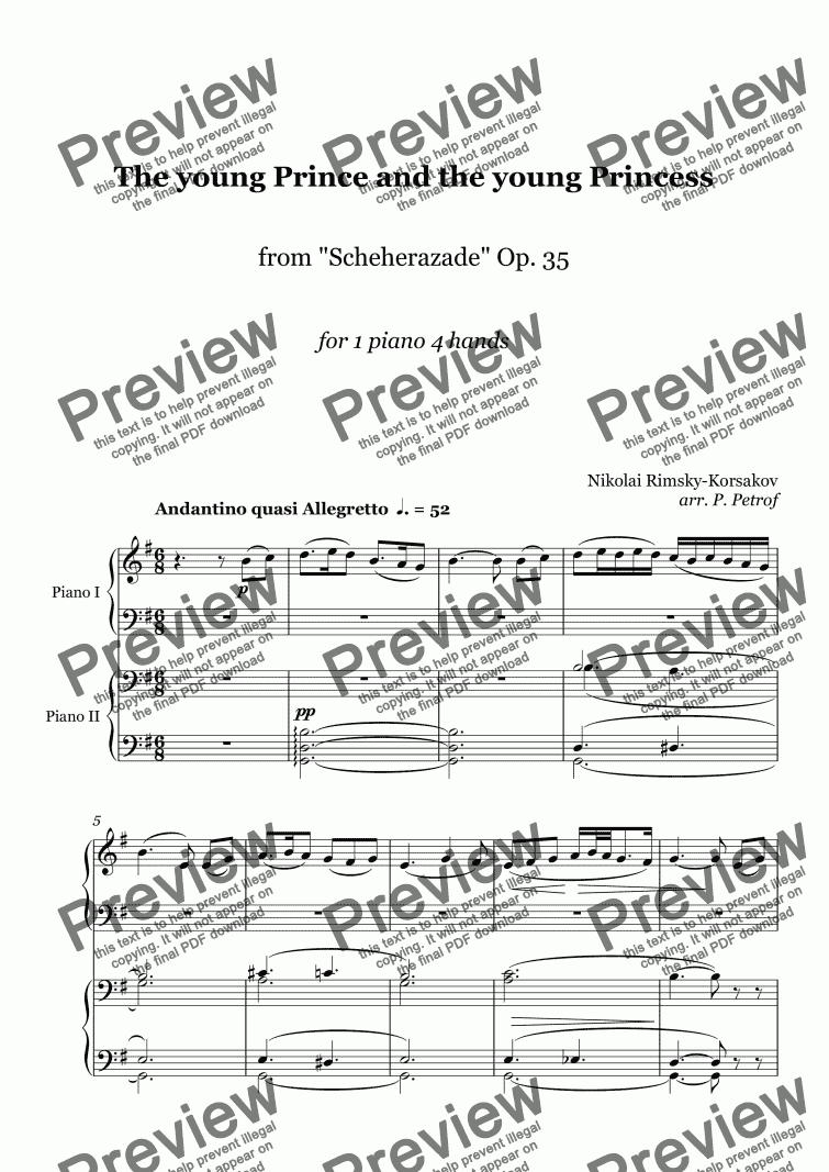 page one of Rimsky-Korsakov - "The young Prince and the young Princess" from "Scheherazade" Op.35 - 1 piano 4 hands