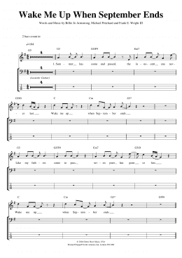 page one of Wake Me Up When September Ends (Bass Guitar Tab)