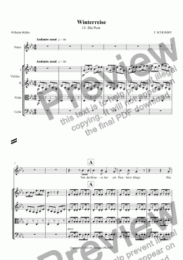 page one of SCHUBERT Winterreise 13. Die Post  arranged for Voice and String quartet.