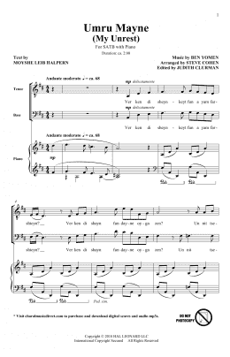 page one of Umru Mayne (My Unrest) (arr. Steve Cohen) (SATB Choir)