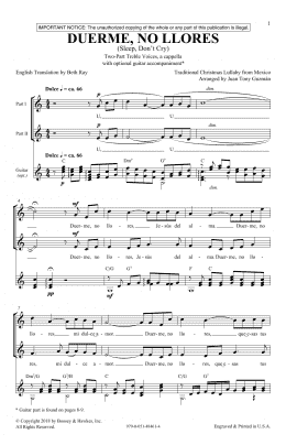 page one of Duerme, No Llores (Sleep, Don't Cry) (2-Part Choir)