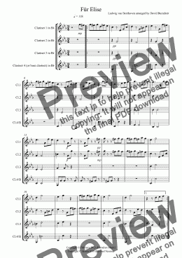 page one of Für Elise for Clarinet Quartet