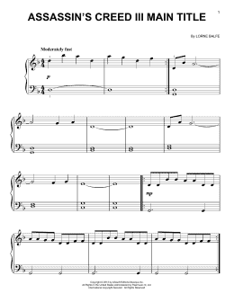 page one of Assassin's Creed III Main Title (Easy Piano)