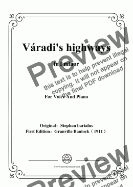 page one of Bantock-Folksong,Varadi's highways(Seprik a Väradi utczát),in f minor,for Voice and Piano