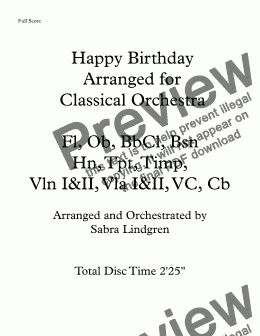 page one of Happy Birthday Arranged for Classical Orchestra