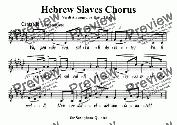 page one of Hebrew Slaves Chorus from Nabucco ("Va, pensiero") for Saxophone Quintet (S, A, A, T & B)