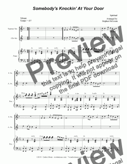 page one of Somebody's Knockin' At Your Door (Duet for Soprano and Alto Saxophone)