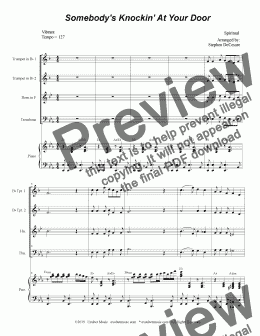 page one of Somebody's Knockin' At Your Door (for Brass Quartet and Piano)