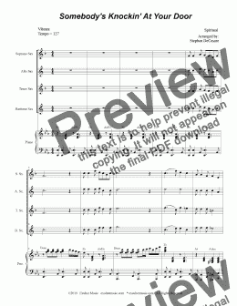 page one of Somebody's Knockin' At Your Door (for Saxophone Quartet and Piano)