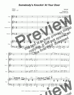 page one of Somebody's Knockin' At Your Door (for Woodwind Quartet and Piano)