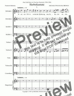 page one of Herbstkantate [Autumn Cantata] for TTBB Choir, String Orchestra and Harpsichord