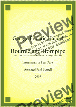 page one of Bourrée and Hornpipe, arranged for instruments in four parts - Score and Parts