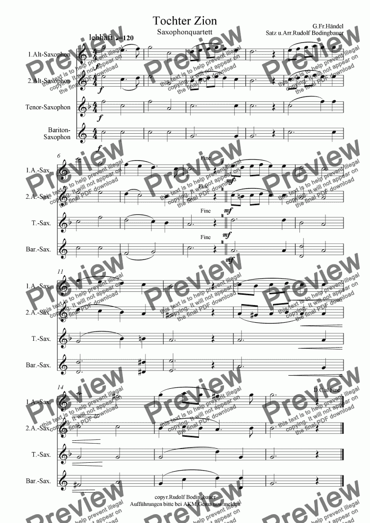 page one of Tochter Zion    Saxophonquartett