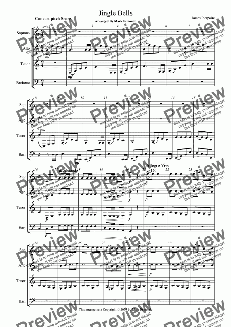 page one of Jingle Bells, Saxophone Quartet