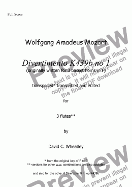 page one of Mozart - Divertimento K439b no 1 for flute trio transcribed by David C Wheatley