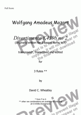 page one of Mozart - Divertimento K439b no 2 for flute trio transcribed by David C. Wheatley