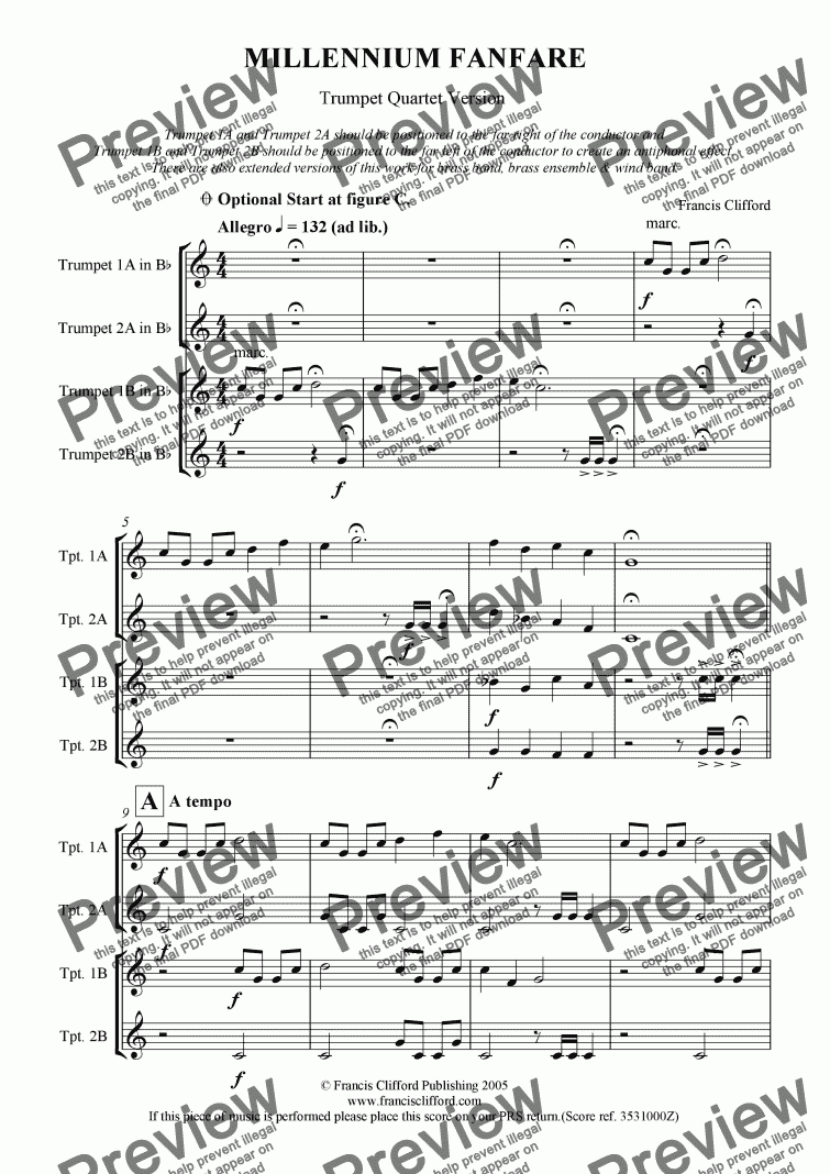 page one of Millennium Fanfare (Trumpet Quartet Version)