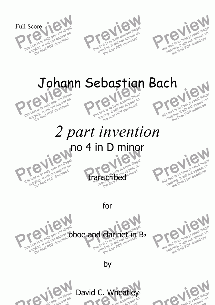 page one of Bach - 2 part invention no 4 in D minor transcribed for oboe and clarinet by David Wheatley