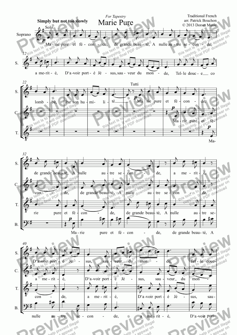 page one of Marie Pure - French Carol for S.A.T.B. Choir