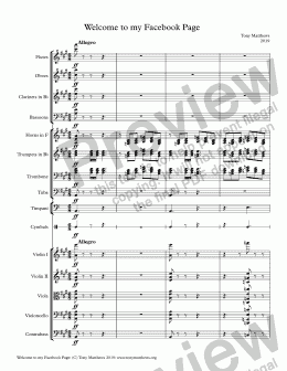 page one of Welcome to my Facebook Page (2Fl, 2Ob, 2Cl, 2Bs, 3Hn, 3Tr, 3Tb, Tba, Timp, Cym, Strings)