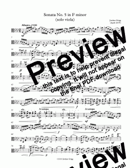 page one of Sonata No 5 in F minor (solo viola) - Full Score