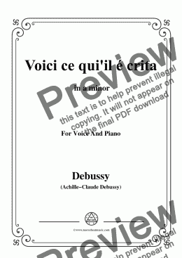 page one of Debussy-Voici ce qui'il é crita,from 'Pelleas et Melisande',in a minor,for Voice and Piano