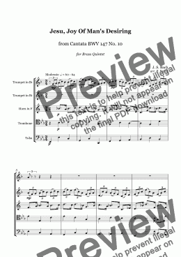 page one of J. S. Bach - "Jesu, Joy Of Man's Desiring"  from Cantata BWV 147 No. 10 for Brass Quintet