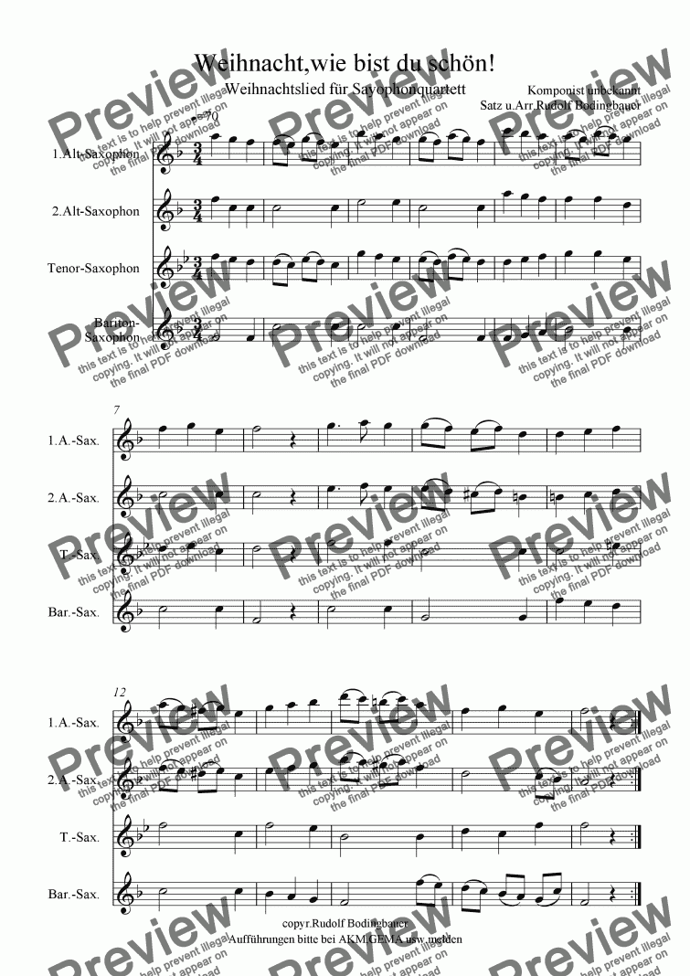 page one of Weihnacht, wie bist du sch�n!  Saxophonquartett
