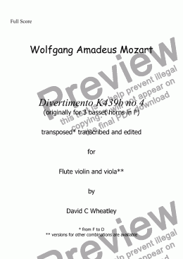 page one of Mozart - Divertimento K439b no 4 for flute violin and viola transcribed by David C Wheatley