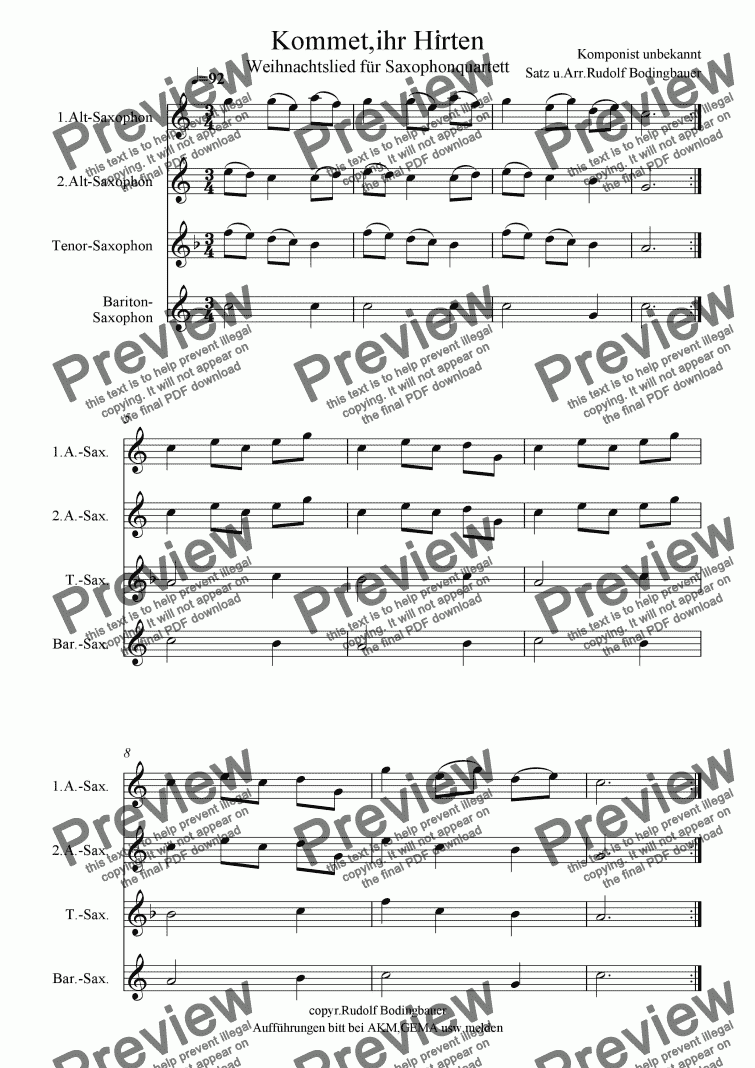 page one of Kommet,ihr Hirten  Saxophonquartett