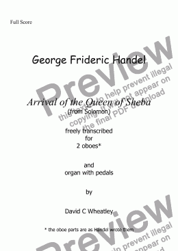 page one of Handel - Arrival of the Queen of Sheba  for  2 oboes and organ with pedals transcribed by David C Wheatley