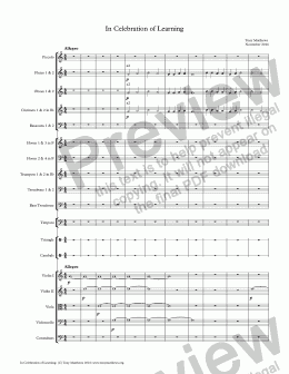 page one of In Celebration of Learning (Picc, 2Fl, 2Ob, 2Cl, 2Bs, 4Hns, 2Tr, 2Tb, BTb/Tba), Timp, Cym, Tri, Strings)