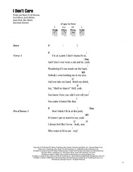 page one of I Don't Care (Guitar Chords/Lyrics)