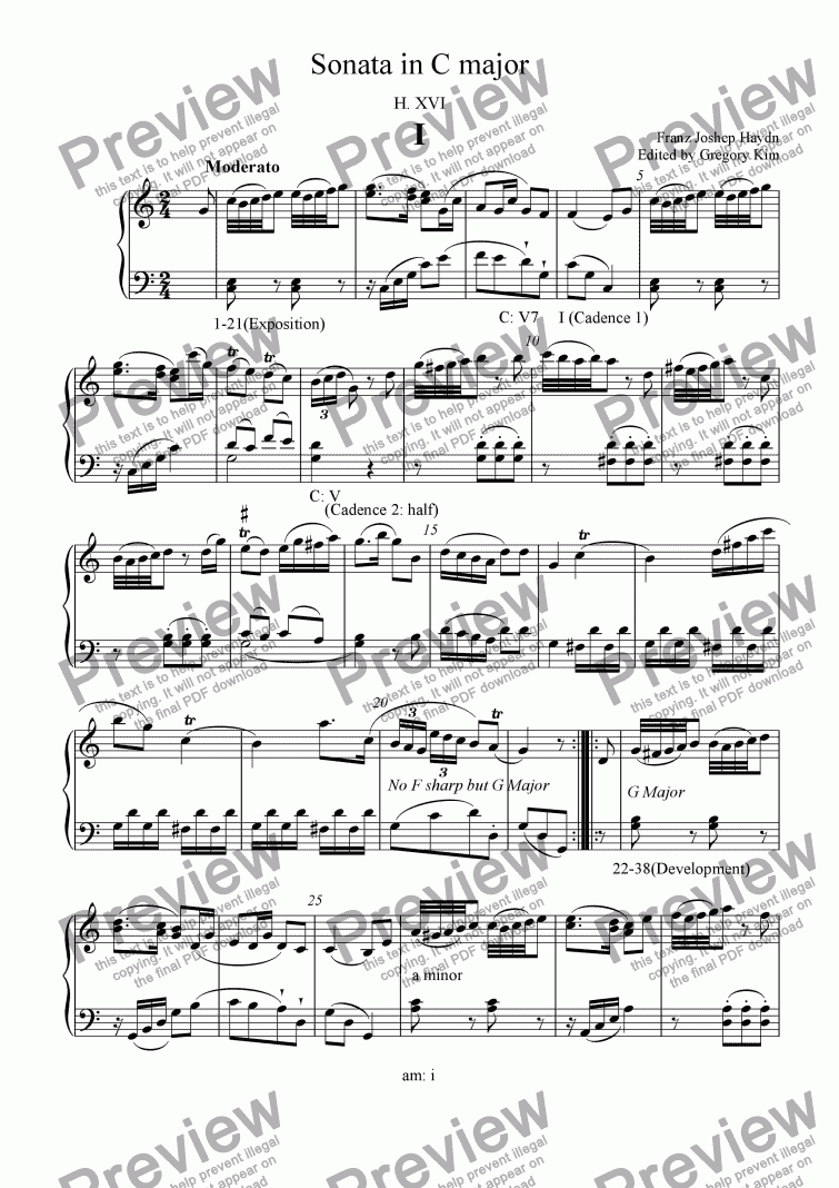 page one of Haydn Piano Sonata in C Major H. XVI: 10