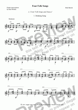 page one of Four Hungarian Folk Songs (for solo classical guitar - 4 pp)