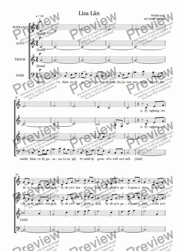 page one of Lisa Lân (Welsh folksong for SATB a capella)