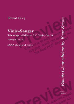 page one of Grieg: Vinje-sanger/Vinje Songs (SSAA choir and piano)