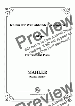 page one of Mahler-Ich bin der Welt abhanden gekommen in F Major,for Voice&Pno