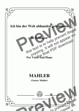 page one of Mahler-Ich bin der Welt abhanden gekommen in D Major,for Voice&Pno