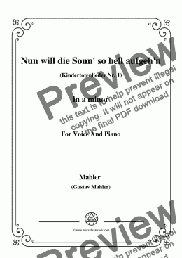 page one of Mahler-Nun will die Sonn' so hell aufgeh'n(Kindertotenlieder Nr. 1) in a minor,for Voice&Pno