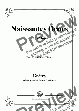 page one of Grétry-Naissantes fleurs,from 'Céphale et Procris',in G Major,for Voice and Piano