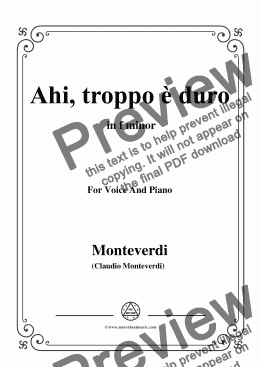page one of Monteverdi-Ahi, troppo è duro,from 'Il Balletto delle ingrate',in f minor,for Voice and Piano