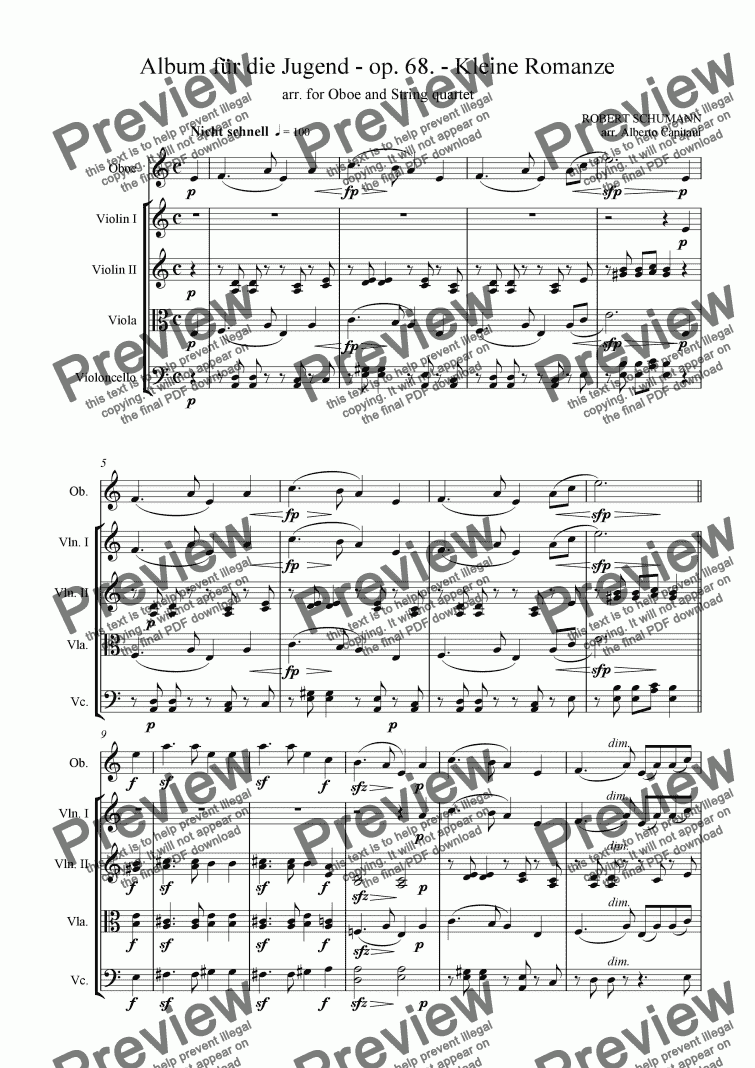 page one of Album für die Jugend - op. 68 - Kleine Romanze - arr. for Oboe and String quartet