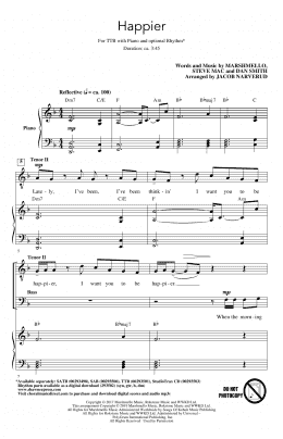 page one of Happier (arr. Jacob Narverud) (TTBB Choir)