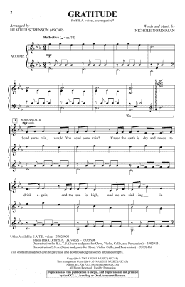 page one of Gratitude (arr. Heather Sorenson) (SSA Choir)