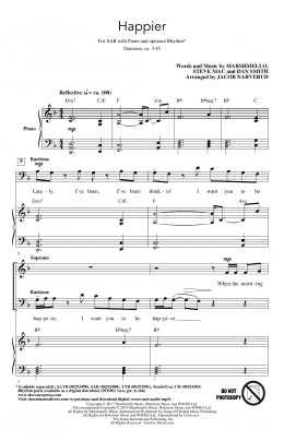 page one of Happier (arr. Jacob Narverud) (SAB Choir)