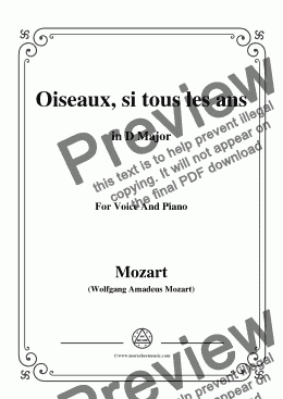 page one of Mozart-Oiseaux,si tous les ans,in D Major,for Voice and Piano