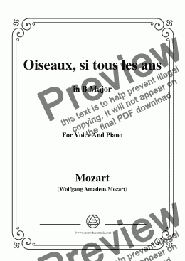 page one of Mozart-Oiseaux,si tous les ans,in B Major,for Voice and Piano